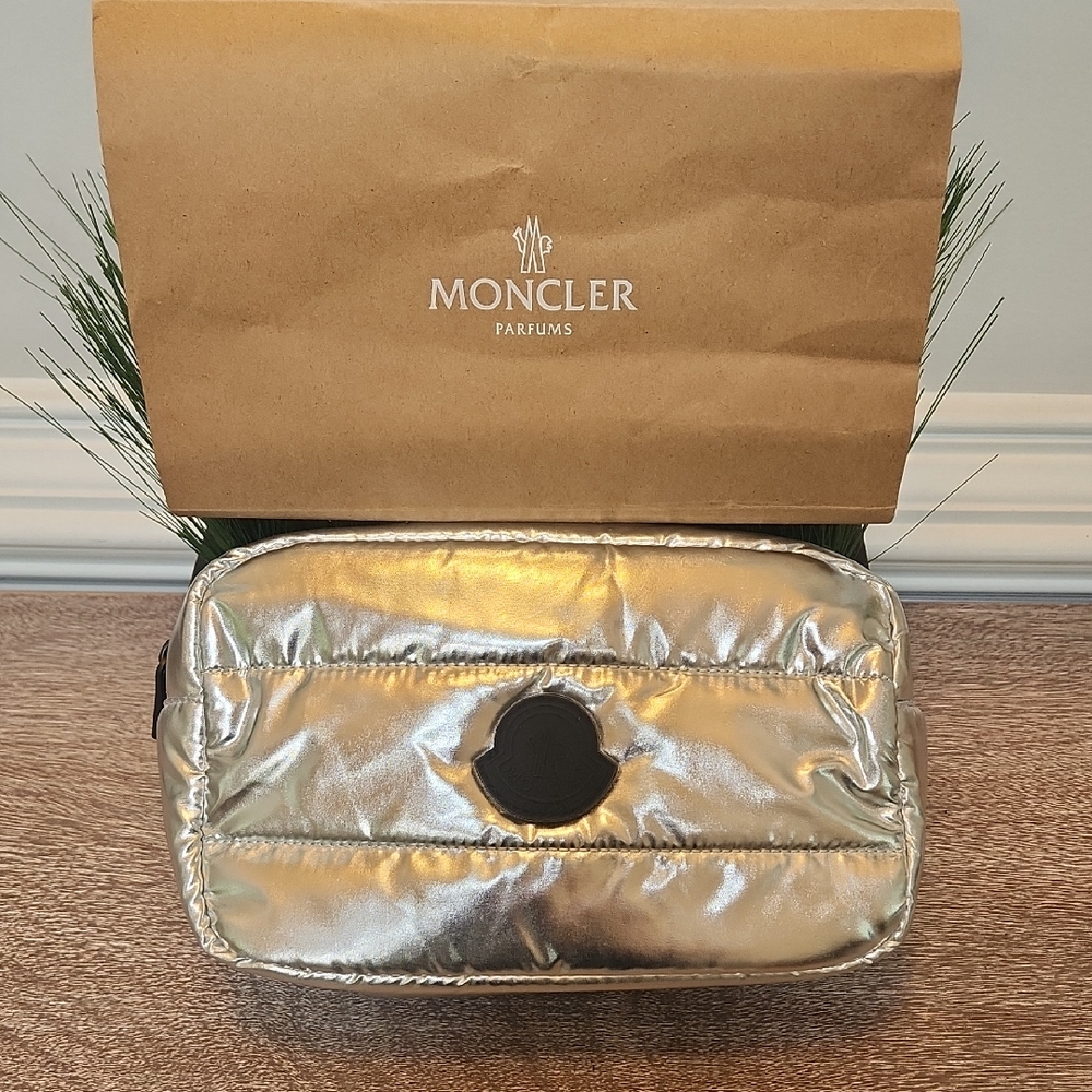 Moncler Parfums Metallic Silver Quilted Cosmetic Toiletry Bag Pouch Luxury